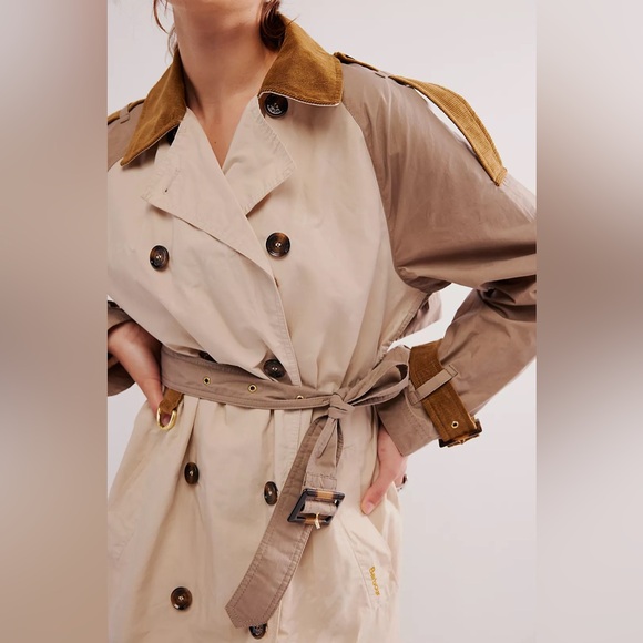 Free People Barbour Ingleby Shower Oatmeal Sz 10 NWT Color Block Contrast Collar - Picture 3 of 16